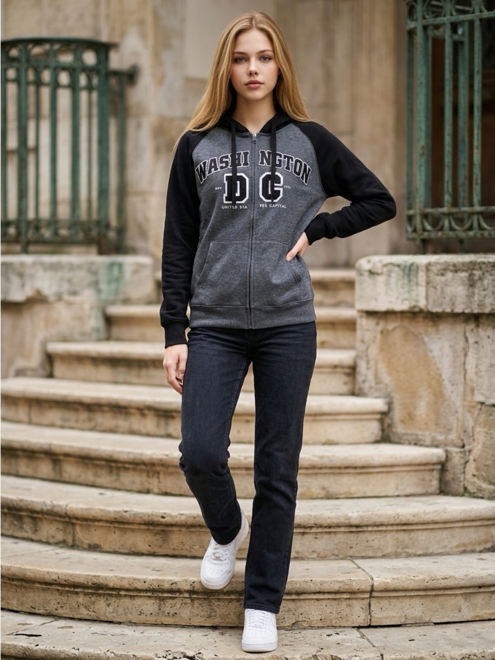 Washington DC Two-Tone Zip Hoodie in Charcoal & Black